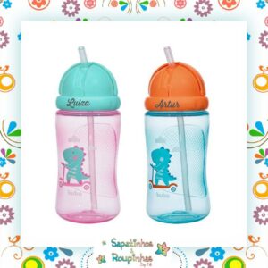 Buba - Garrafinha Infantil Canudo Retratil Dino 340ML Com Gravação A Laser