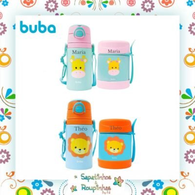 Buba - Kit Garrafa Em Alumínio + Pote Térmico Animal Fun Com Gravação A Laser