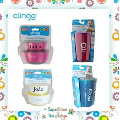 Clingo - Kit Tigelas + Copo mágico 360° com gravação a laser