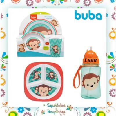 Buba - kit refeição + prato com divisórias e 1 garrafinha do Macaco com gravação a laser
