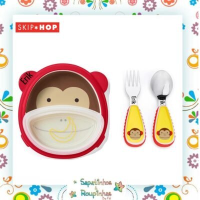 Skip*Hop - Kit Prato com divisória com Bowl Zoo Macaco + Talheres com gravação a laser