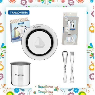 Tramontina - Kit talheres + prato + copo aço inox infantil Le Petit com gravação a laser