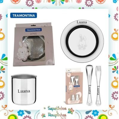 Tramontina - Kit talheres + prato + copo aço inox infantil Le Petit com gravação a laser 