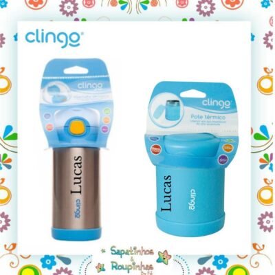 Clingo - Pote Térmico azul + Garrafa térmica Azul com gravação a laser