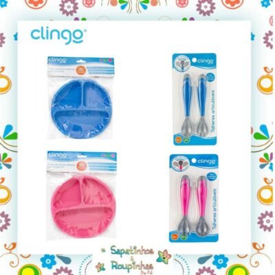 Clingo - Kit Prato infantil em silicone com divisórias + Talheres articuláveis