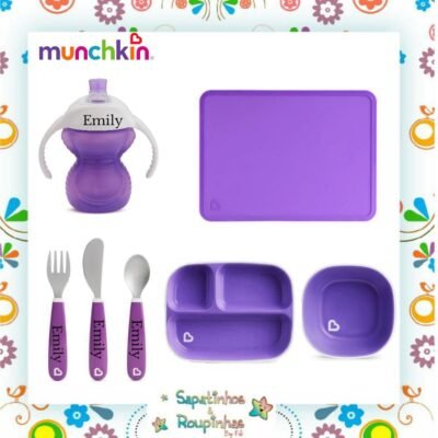 Munchkin - Kit Copo de treinamento + Talheres + Prato com divisórias + Tijela Bowls + O Jogo Americano Infantil com gravação a laser