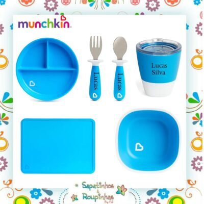 Munchkin - Kit Prato de treinamento com ventosa + Jogo Americano Infantil + Talheres infantis + Tijela Bowls + Copo com tampa removível com gravação a laser 