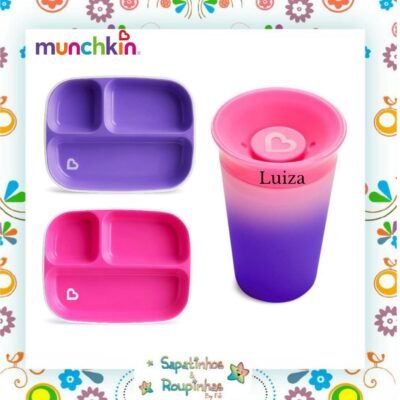 Munchkin - Kit conjunto de pratos com divisórias + Copo 360 changing rosa com gravação a laser