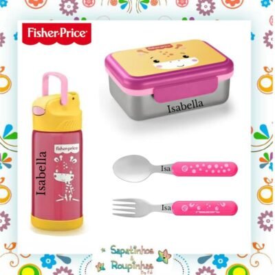 Fisher Price - Kit Bento Box Aço Inox Hot & Cold Rosa + Talheres Aço Inox Hot & Cold Rosa + Copo Térmico Aço Inox Hot & Cold Rosa com gravação a laser