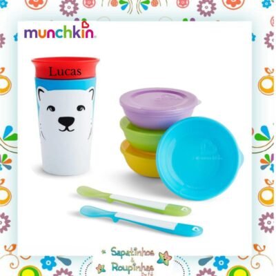 Munchkin - Kit conjunto de tigelas e colheres + Copo grande 360 wild urso polar com gravação a laser
