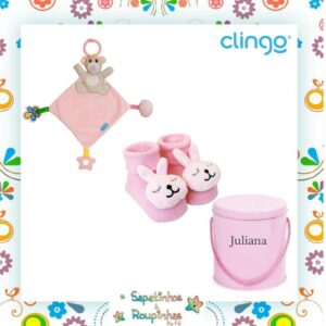 Clingo - Kit Pantufa antiderrapante com chocalho + Naninha com mordedor + Lata alta redonda com alça com gravação a laser - Imagem 14