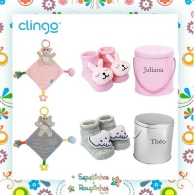 Clingo - Kit Pantufa antiderrapante com chocalho + Naninha com mordedor + Lata alta redonda com alça com gravação a laser
