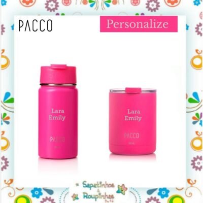 Pacco - Kit Copo térmico em inox com Infusor pink 350 ml + Copo térmico Happycup pink 295 ml com gravação a laser