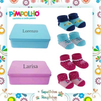 Pimpolho - Kit 2 pares de meias RN + latinha personalizada com gravação a laser
