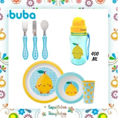 Buba - Kit Refeição frutti + Kit talher 3 peças estrelinha + Garrafinha frutti 400ml Com gravação a laser