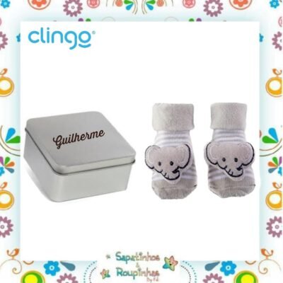 Clingo - Kit pantufa com chocalho elefante + lata quadrada personalizada com gravação a laser