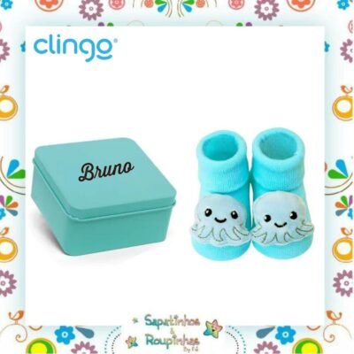 Clingo - Kit 1 par de pantufa antiderrapante com chocalho Tamanho Único + Latinha quadrada personalizada com gravação a laser