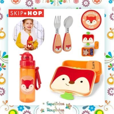Skip Hop - Kit Marmita raposa 700ml + Garrafa Flip raposa 390ml + Talheres Zoo raposa com gravação a laser