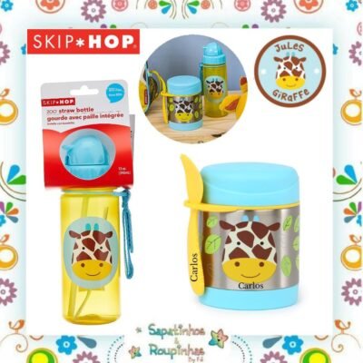 Skip Hop - Kit pote térmico Zoo Girafa + Garrafa Flip Zoo Girafa 390ml com gravação a laser