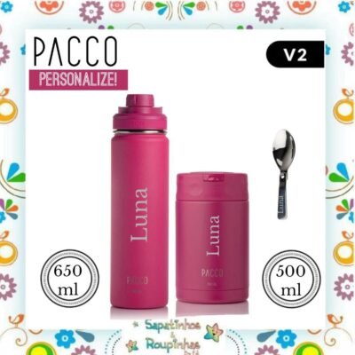 Pacco - Kit Garrafa Térmica HydraV2 650ml Fúcsia + Pote Térmico Food Jar Fúcsia 500ml preto com gravação a laser