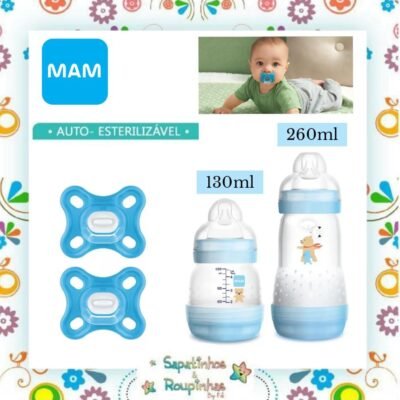 MAM - Kit 2 Mamadeiras Easy Start Anticólica 0+M + 2 Chupetas Comfort 0-2M Azul