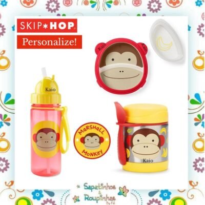 Skip Hop - Kit Pote Térmico Zoo Macaco 325ml + Garrafa Flip Zoo Macaco 390ml + Prato de treinamento Zoo Macaco com gravação a laser