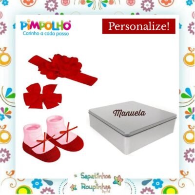 Pimpolho - Kit  Par de meia, Faixa de cabelo e Presilha Vermelho RN + Latinha Quadrada Prata com gravação a laser