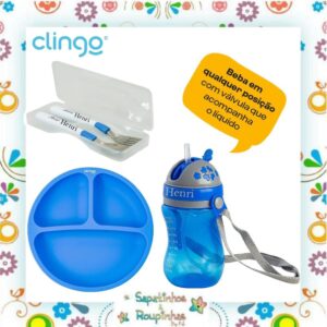 Clingo - Kit Prato infantil em silicone com divisórias + Talheres com estojo + Copo com canudo e válvula 320ml com gravação a laser - Imagem 6