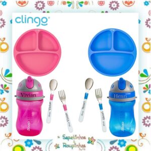 Clingo - Kit Prato infantil em silicone com divisórias + Talheres com estojo + Copo com canudo e válvula 320ml com gravação a laser