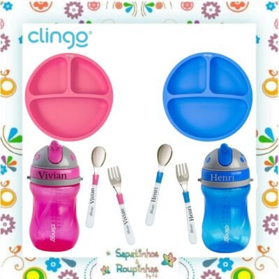 Clingo - Kit Prato infantil em silicone com divisórias + Talheres com estojo + Copo com canudo e válvula 320ml com gravação a laser