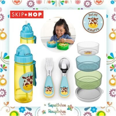 Skip Hop - Kit Garrafa Flip Zoo + Tigelas antiderrapantes + Talheres Zoo com gravação a laser