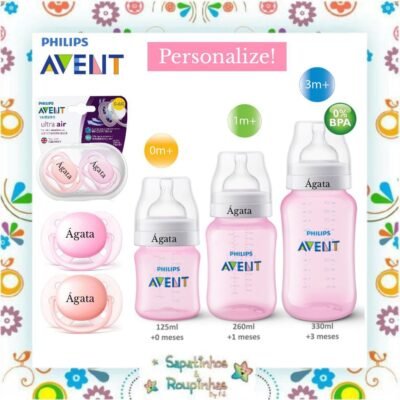 Philips Avent - Kit 3 Mamadeiras Classic Anti-Colic Rosa + Chupeta Ultra Soft Dupla Lisa - 0-6M com gravação a laser