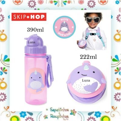 Skip Hop - Kit Porta Snack Zoo Baleia 222ml + Garrafa Flip Zoo Baleia Narval 390ml com gravação a laser