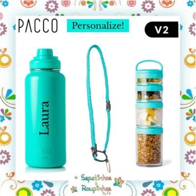 Pacco - Garrafa Térmica 950ml Turquesa+ Alça Hydra G + Conjunto de Compartimentos Mix Connect com gravação a laser