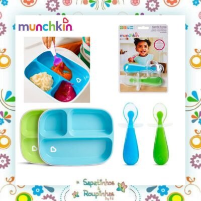 Munchkin - Kit Conjunto Prato com divisória + Conjunto Colheres de Silicone com gravação a laser