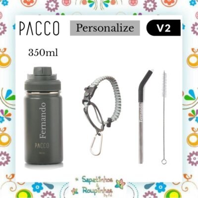 Pacco - Kit Garrafa Térmica Hydra V2 350ml Cinza + Alça Hydra Cinza + Eco Canudo Cinza com gravação a laser