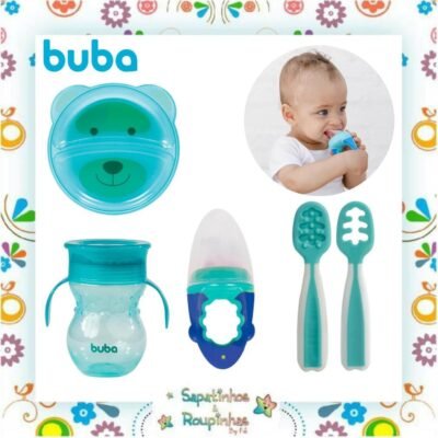 Buba - Kit Copo de treinamento 360° com alça 250ml + Porta-frutinha +6m + Kit Colher de Treinamento +6m + Prato Ursinho com Divisória +6m