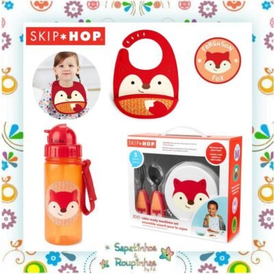 Skip Hop - Kit de Alimentação Zoo Raposa + Babador Zoo Raposa + Garrafa Flip Zoo Raposa com gravação a laser