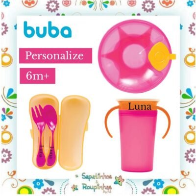 Buba - Kit talher baby com case + Prato térmico com ventosa + Copo de treinamento 360° com alça com gravação a laser