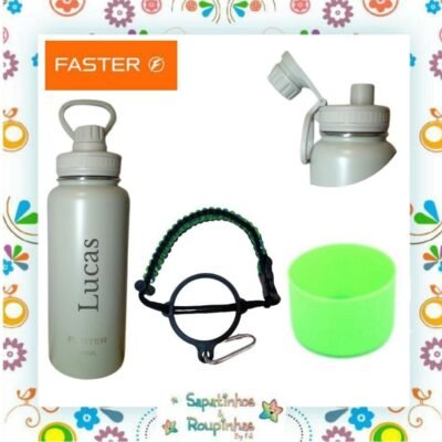 Faster - Garrafa Térmica 900ml verde + Alças pra garrafa + Case de Silicone G com gravação a laser