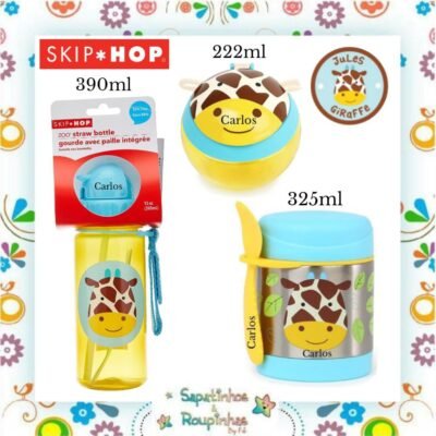 Skip Hop - Pote Térmico Zoo Girafa + Garrafa Flip Zoo Girafa + Porta Snack Zoo Girafa com gravação a laser