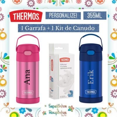 Thermos - Kit Garrafa Térmica 355ml e Kit de Canudo de Reposição com gravação a laser