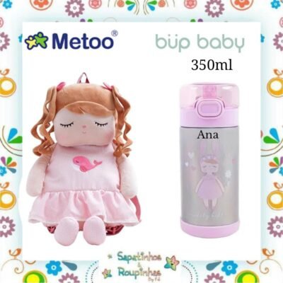 Metoo/Bup Baby - Kit Mochila Metoo Angela Candy Color e Garrafa Flip Térmica Lily Bell 350ml com gravação a laser