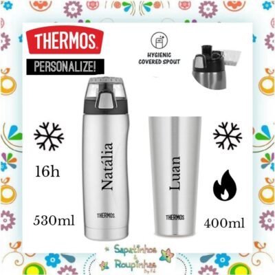 Thermos - Kit Squeeze Térmica Havai 530ml Prata e Copo Térmico Dublin 400ml com gravação a laser