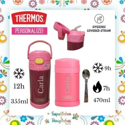 Thermos - Kit Garrafa Térmica 355ml Bordô e Pote Térmico 470ml Andes Coral com gravação a laser