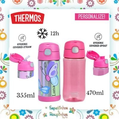 Thermos - Kit Garrafa Térmica Borboleta 355ml e Garrafa Veneza Rosa 470ml com gravação a laser