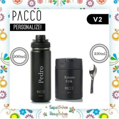 Pacco - Kit Preto Garrafa Térmica 500ml e Pote Térmico Food Jar 350ml com gravação a laser