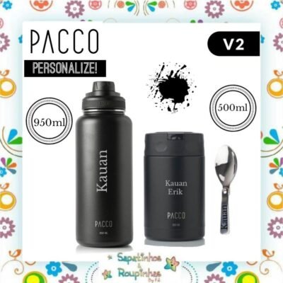 Pacco - Kit Preto Garrafa Térmica 950ml e Pote Térmico 500ml com gravação a laser