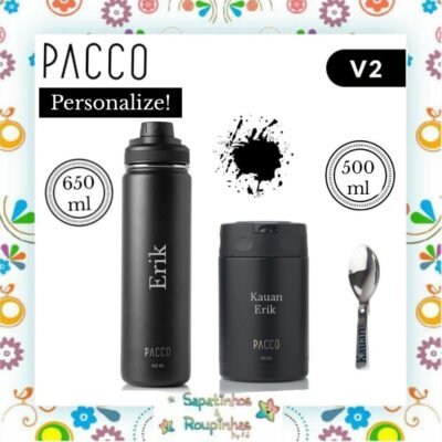 Pacco - Kit Garrafa e Pote Térmico Preto com gravação a laser