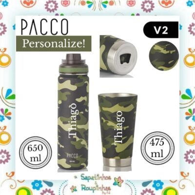 Pacco - Kit Garrafa Térmica e Copo Camuflada Militar com gravação a laser